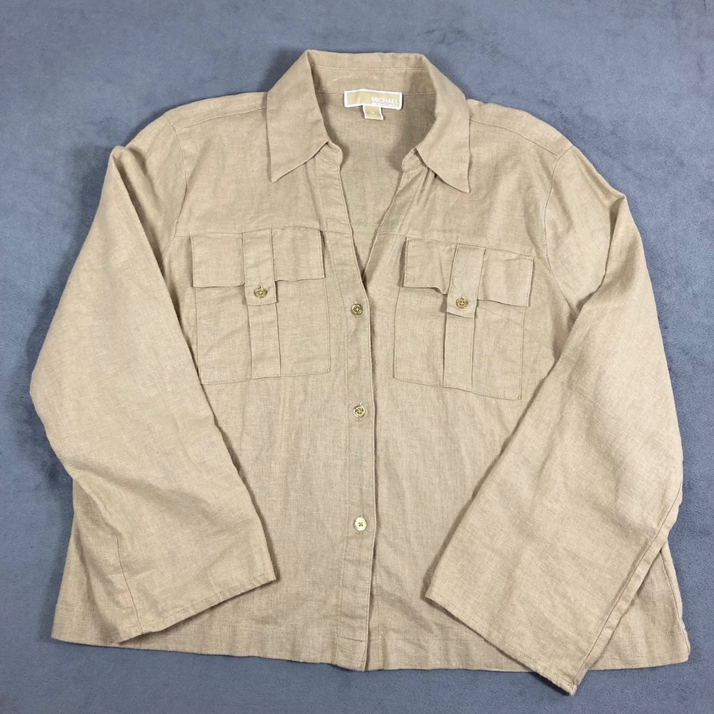 Michael Michael Kors Linen Blend Roll Tab Safari Shirt Tan Utility Top Womens M